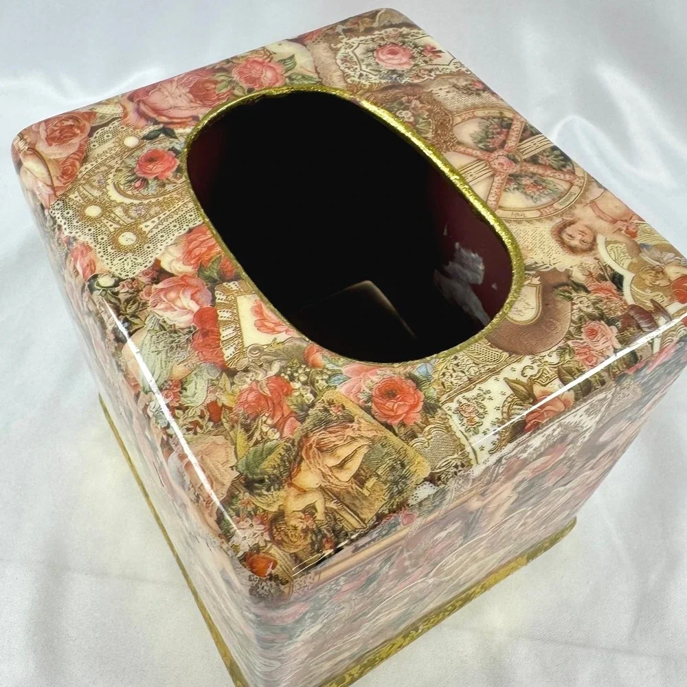 Vintage Victorian Style Decoupage Tissue Box Cover Romantic Gold Cherub Grandma